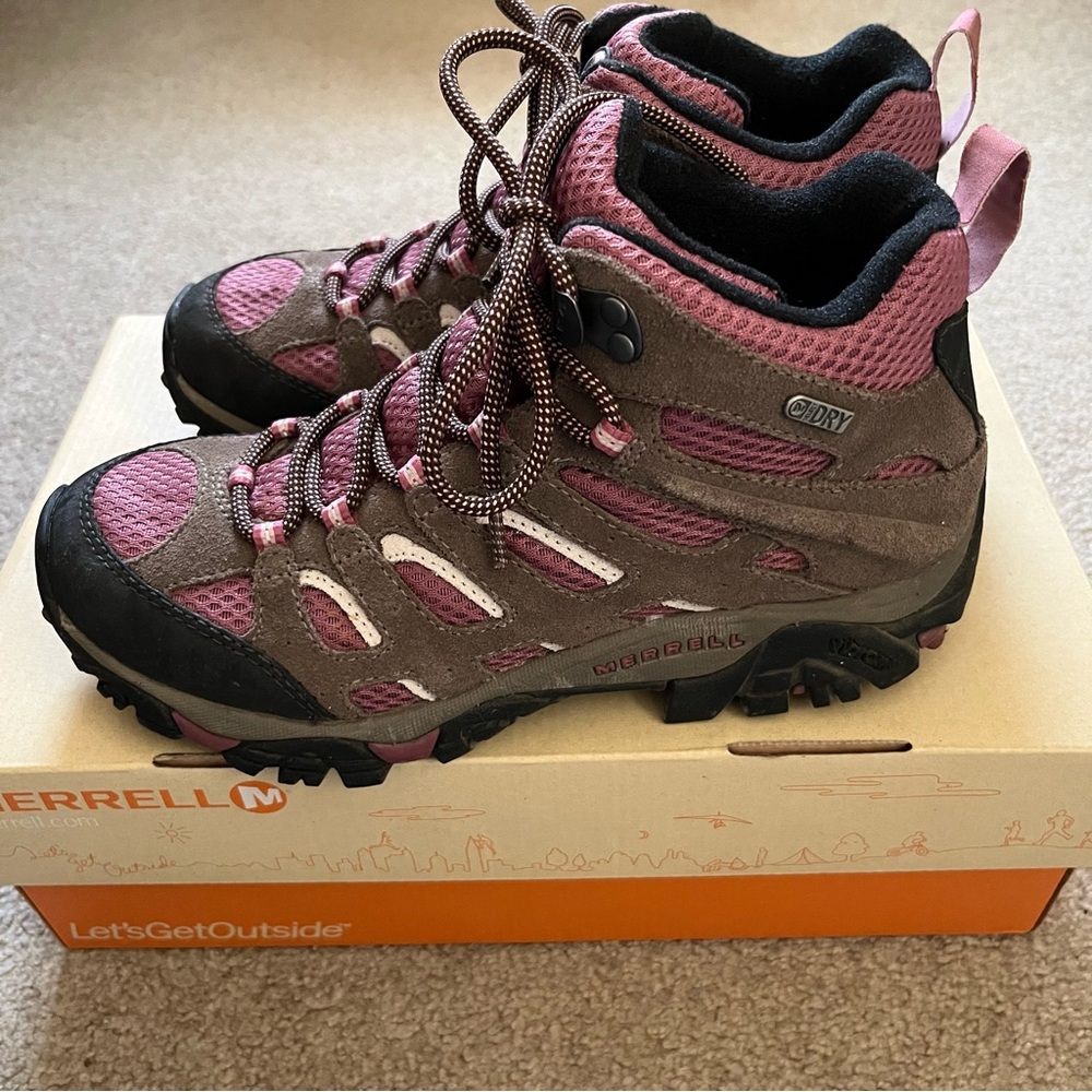 Merrell Moab Mid Waterproof Pink Brown Hiking Boots Vibram 7.5 - Picture 3 of 7